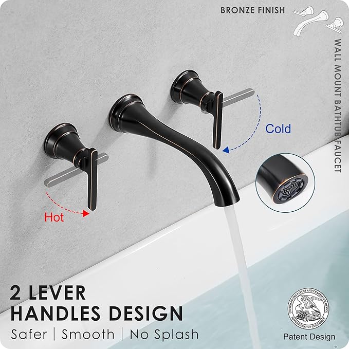 Oil Rubbed Bronze Wall Mount Tub Filler, High Flow Bath Tub Faucet 2 Handles, Brass Bathtub Faucets with 8 Inch Long Spout Reach, Rough-in Valve