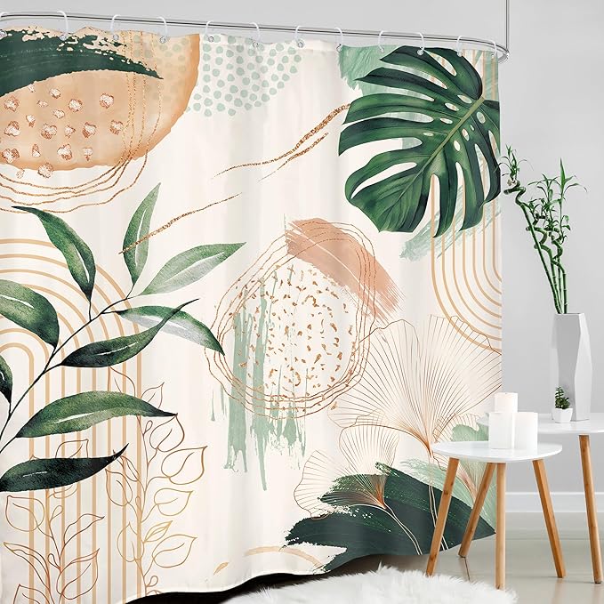 Boho Shower Curtain 72Wx78H Modern Abstract Tropical Green Leaves Plant Palm Bohemian Mid Century Botanical Geometric Arch Bathroom Decor Minimalist Bath Curtain Fabric Polyester 12 Pack Hooks