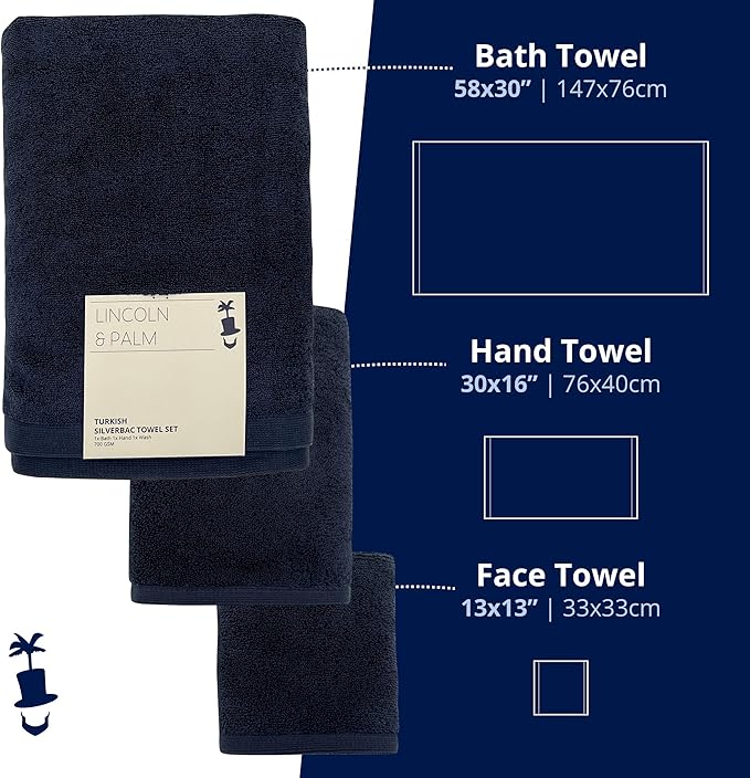 Lincoln & Palm 3 Piece Turkish Towels Set, Thick, Soft, Plush 700 GSM Spa & Hotel Quality, Silver Infused SILVERbac | Bath 58x30, Hand 30x16, Face Wash Cloth 13x13 (Navy, 3 Piece Towel Set)