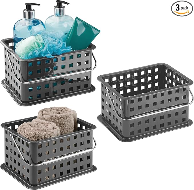 iDesign Stackable Shower Basket with Handle for Dorm or Bathroom - Set of 3 - Gray - Made in USA
