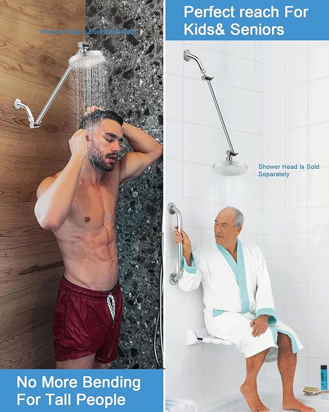 15 Inch Extra Long Adjustable Shower Head Extension Arm With Locking Set Screw, Singing Rain Brass Chrome Angle Height Adjustable, Easy To Install, G1/2 Universal Connector Compatible (Chrome Finish)
