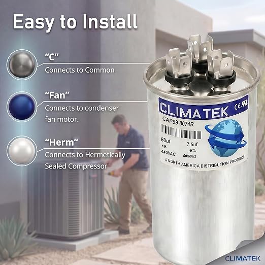 ClimaTek 80 + 7.5 MFD 370/440 Volt Dual Run Capacitor CAP99-8074R | 80/7.5 | - Image 3
