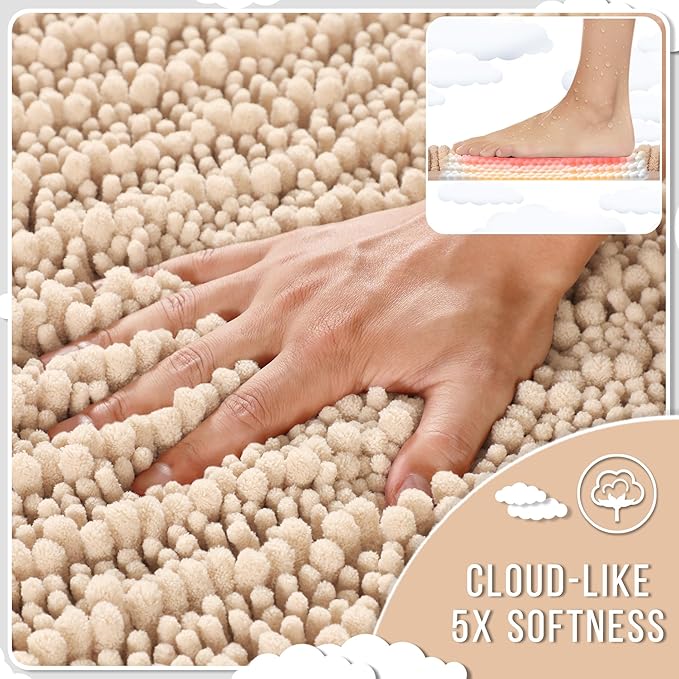 Yimobra Bathroom Rugs Sets 2 Piece - Quick Dry Extra Thick Luxury Chenille Bath Mat, Non Slip Super Absorbent for Tub Shower Sink, Machine Washable Shaggy Floor Mat, 32"x20"+24"x17" Inch, Light Brown