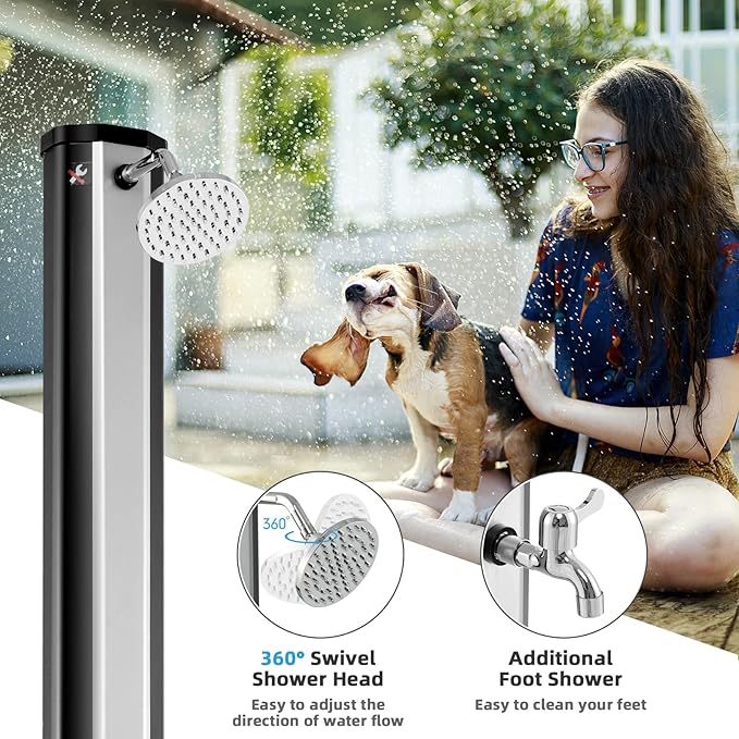 Giantex 7.2 FT 10 Gallon 2-Section Solar-Heated Outdoor Shower, Pool Shower W/Free-Rotating Shower Head, Foot Tap Spigot, Faucet, Temperature and Pressure Adjustment for Backyard, Garden, Beach Spa