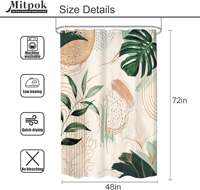 Boho Shower Curtain 48Wx72H Small Stall Narrow Abstract Mid Century Tropical Green Leaves Plant Palm Modern Geometric Arch Bathroom Decor Botanical Bath Curtain Fabric Polyester 8 Pack Hooks