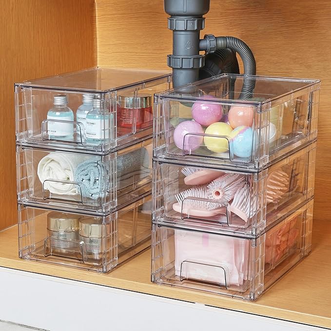 Vtopmart 4 Pack Stackable Storage Drawers,Clear Acrylic Drawer Organizers with Handles, Easily Assemble for Fridge, Bathroom,Kitchen Undersink,Cabinet,Pantry Organization and Storage