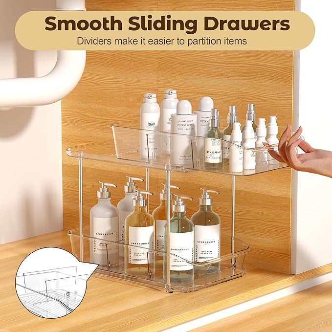 2 Tier Pull-Out Storage Organizer for Bathroom and Kitchen, Under Sink Organizer with Dividers, Ideal for Organizing Cupboard,Bathroom Vanities,Cabinet, Slide-Out Clear Storage, 4 Pack