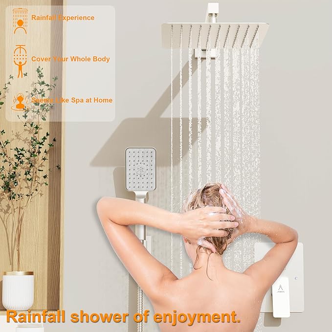 Shower System 10IN Modern Rain Brass Faucet Set With Valve and Diverter Shower Mixer With Handheld High Pressure Square Rainfall Shower Valve (10'' Wall Mount, Brushed Nickel)
