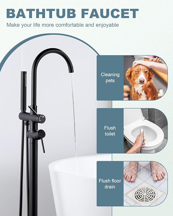 Freestanding Bathtub Faucet Matte Black: Floor Mount Tub Filler, High Flow Brass Shower Faucets with Handheld Sprayer for Bathroom