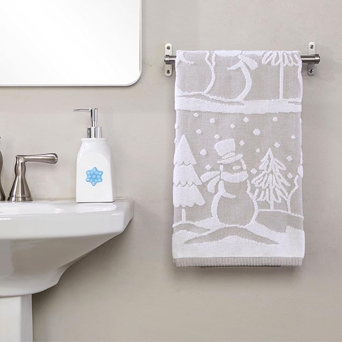 SKL Home Christmas/Winter Scenic Snowmen 100% Cotton Premium Bath Towel, 500 GSM, Soft & Absorbent, Reversible Jacquard, Decorative, Gray