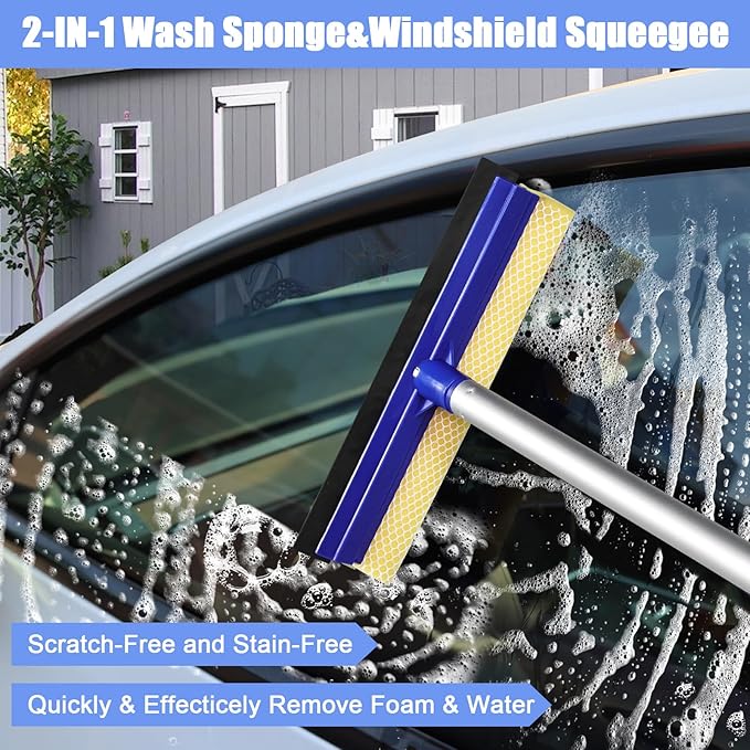 anngrowy 56.7" Car Wash Brush Mop Kit Mitt Sponge with Long Handle Car Cleaning Supplies Kit Tools Car Washing Duster Exterior Scratch Free, Chenille Replacement Head Extension Pole (Blue Set)