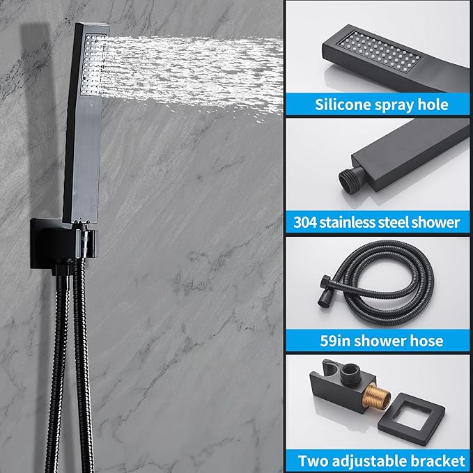 12 inch Matte Black Shower System with Tub Spout, Shower Faucet Set with Rain Shower Head and Handheld 3-Setting, Waterfall Bathtub Spout Rainfall Shower Combo Set for Bathroom Wall Mounted