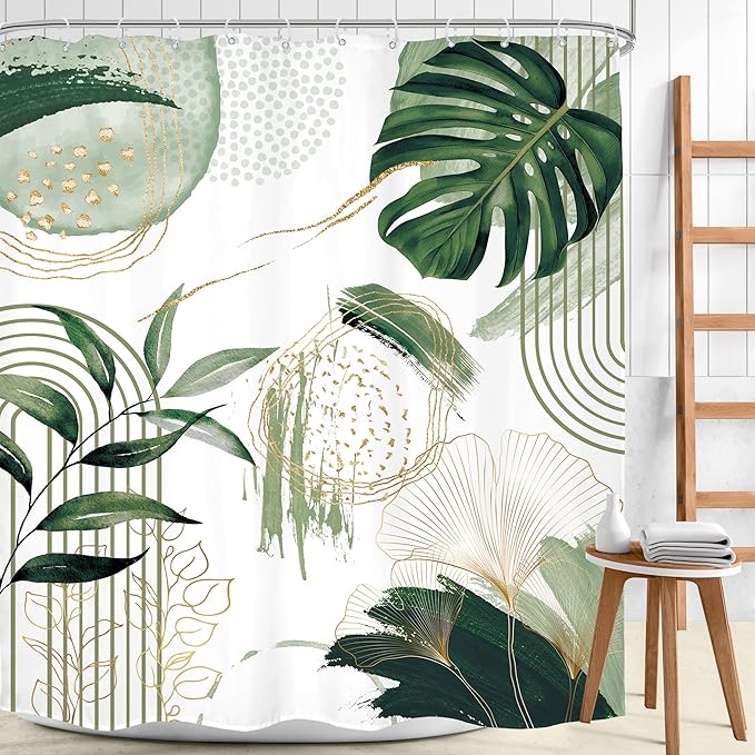 Sage Green Boho Shower Curtain Extra Long Modern Abstract Tropical Leaves Bohemian Gold Palm Leaf Mid Century 72Wx84H Bathroom Decor Geometric Plant Bath Curtain Fabric Polyester 12 Pack Hooks
