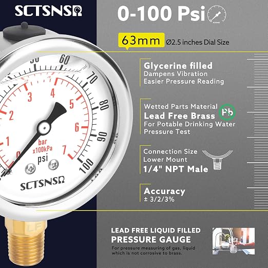 2-1/2" Dial Size, 0-100 Psi Lead-Free Pressure Gauge, Glycerin Liquid Filled - Image 2