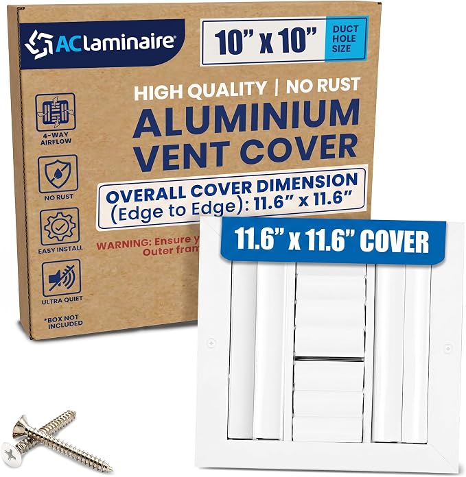 10" x 10" Duct Hole Aluminum 4-Way Vent Cover: Adjustable Curved Blade Air by ACLAMINAIRE