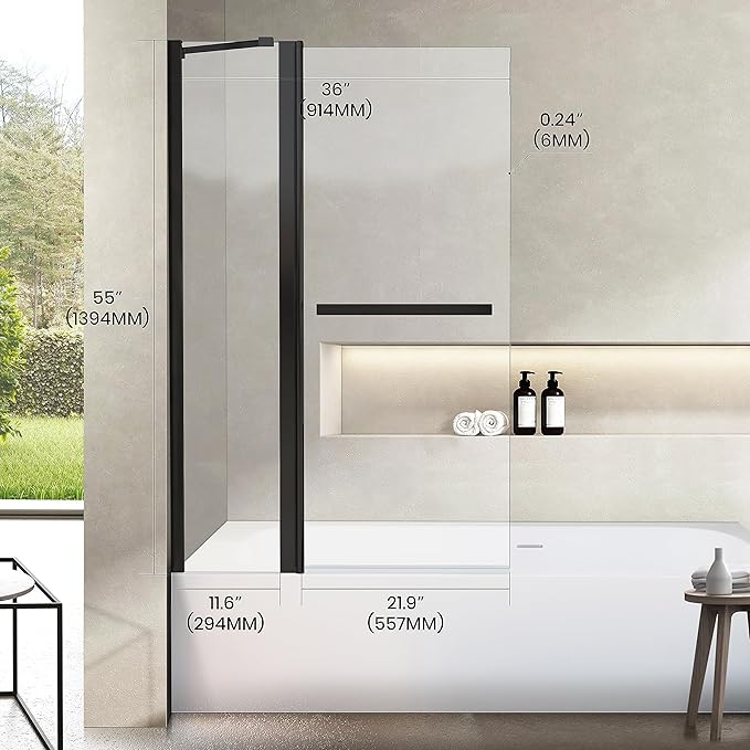 Bathroom Pivot Tub Glass Door 36" W*55" H, Folding Bathtub Shower Door Screen with Tempered Glass, Frameless Glass Shower Door with Handle and Support Rod in Matte Black