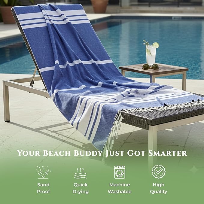 Turkish Cotton Beach Towel Pack of 6 & 1 Boho Tote Bag - Hammam Towels - No Shrink - Quick Dry - Lightweight - Sand Free - Camping - Pool - Tanning - Beach Essentials - Dark Blue (40"x70")