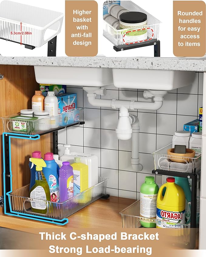 UMDONX Under Sink Organizer 2-Pack Adjustable Bathroom Under Sink Pull-Out Organizer with 5 Adjustable Heights for Kitchen, Bathroom & Laundry Storage