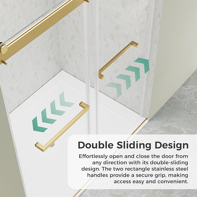 DELAVIN 56"-60" W x 75" H Frameless Shower Door, Double Sliding Shower Door, Glass Shower Door with 5/16" (8mm) Clear SGCC Tempered Glass, Explosion-Proof Film, Stainless Steel Hardware, Gold