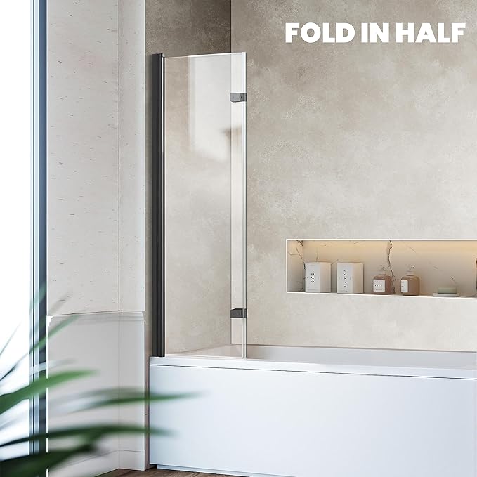 Bathtub Folding Shower Glass Door, 36" W*55" H Pivot H-Type Frameless Tub Shower Door, Clear Tempered Glass Shower Screen Panel for Bathroom, Matte Black