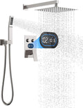 Push Button Diverter Shower Faucet Set Hydro Power Temperature Display, Shower System 12 Inch Shower Head with Handheld Spray, Wall Mounted Shower Fixtures with Valve and Trim Kit, Brushed Nickel