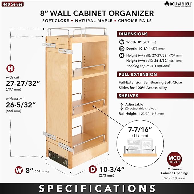 Rev-A-Shelf 9" Pull Out Shelf Organizer for Kitchen and Bathroom Cabinets, Wooden Slide Out Spice or Medicine Rack w/Soft-Close, 448-BBSCWC-9C