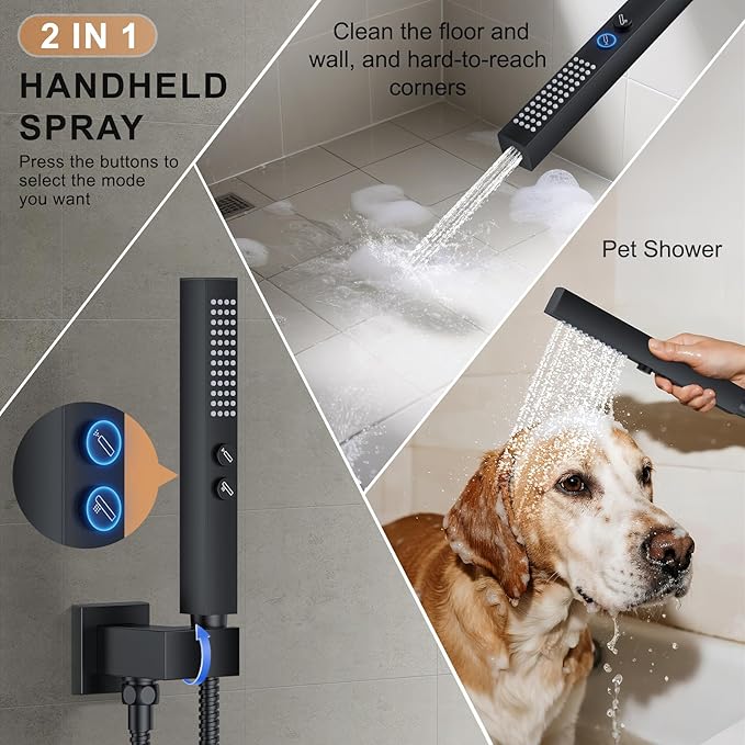 Rain Shower System Matte Black Shower Faucet Set, Dual Rainfall Shower Head Set with 2 in 1 Handheld Spray, Wall Mounted Bathroom 12-inch & 6-inch Square Showerheads with Valve, Matte Black