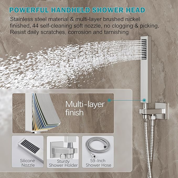 Brushed Nickel Shower System, Shower Faucet Set with 10-Inch Rain Showerhead and Handheld Spray, Wall Mounted High-Pressure Showerhead Combo Set Included Valve and Trim, Brushed Nickel
