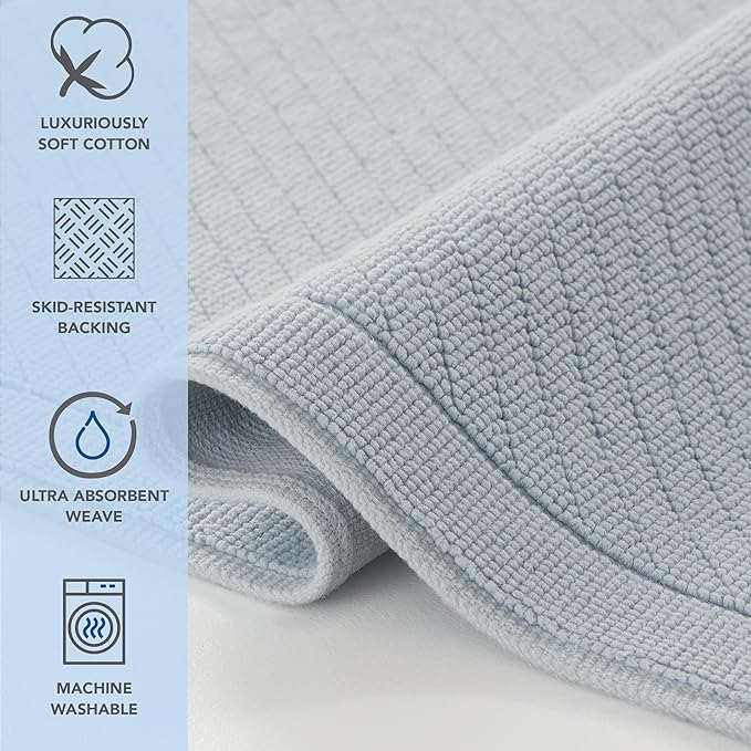 Arkwright 100% Cotton Bathroom Rug - High Absorbent Stylish Textured Woven Design Bath Mat, Slip Resistant Backing for Shower and Bathtub Floor, 20x32 in - Blue