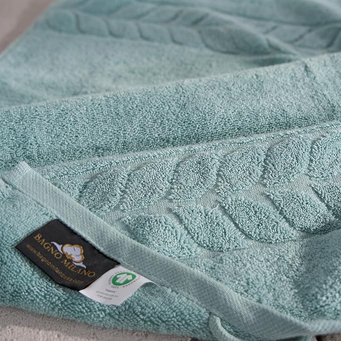 BAGNO MILANO Organic Turkish Cotton Bath Towels, Luxury Jacquard Collection, Certified Organic Highly Absorbent, Soft-Plush Towel Set (Mint, 4 Pcs Hand Towel Set)