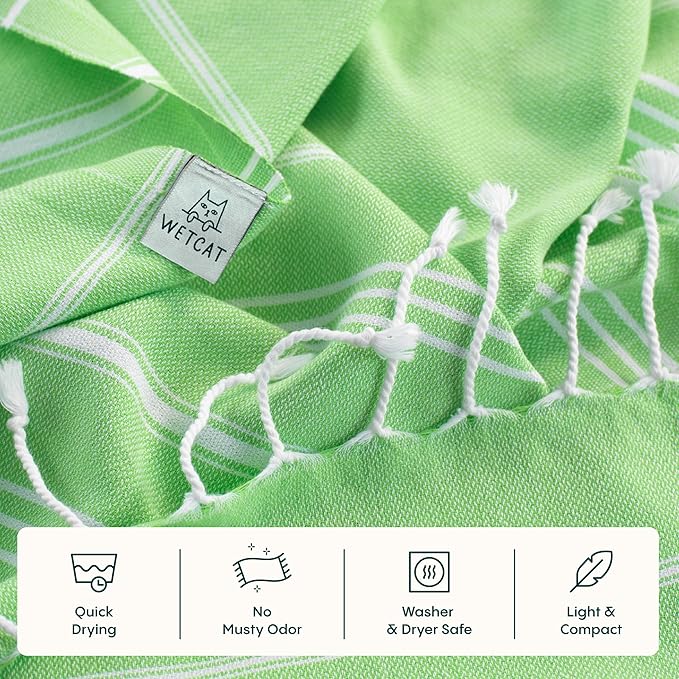 WETCAT Turkish Hand Towels with Hanging Loop, Set of 2 (20" x 30") 100% Turkish Cotton, Pre-Washed, Quick Drying, for Kitchen or Bathroom - Lime Green