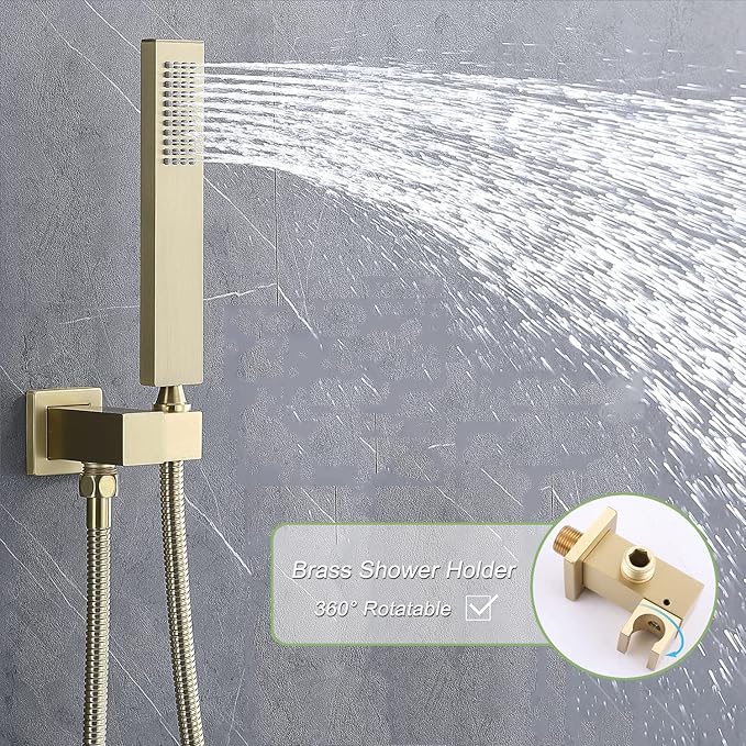 Shower Set Brushed Gold Thermostatic Shower System with Tub Spout, with 12 inch Ceiling Mount Shower Head and 6 PCS Body Jet, Handheld Spray