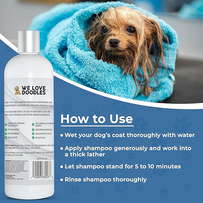 We Love Doodles Pet Rubber Bath Brush and Dog Shampoo (Bundle) - For Shower Scrubbing & Soothing Massage and Organic Dog Shampoo, Conditioner & Detangler - Made in the USA