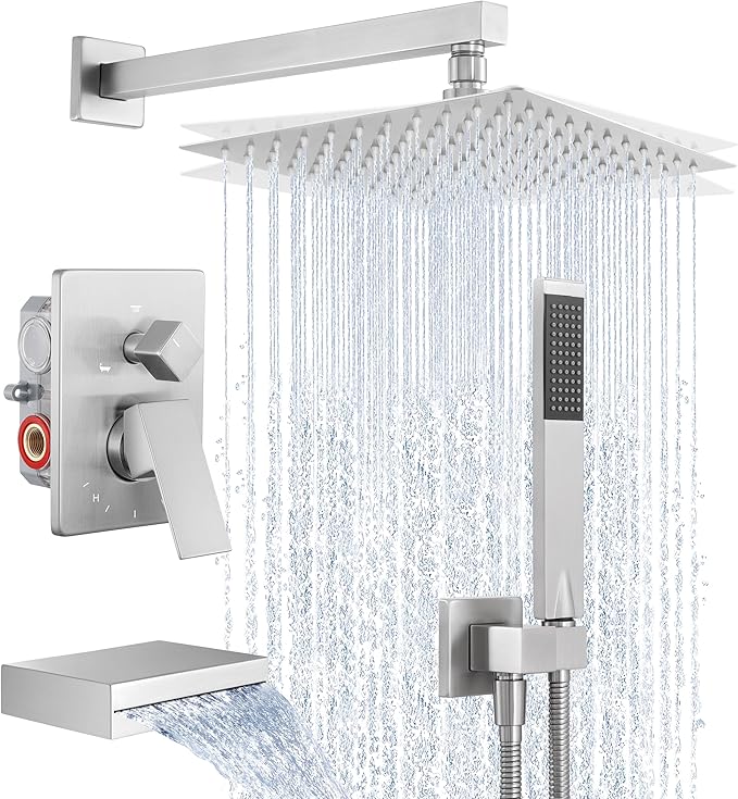 KES Bathtub Shower Faucet Set with Waterfall Tub Spout Shower System 3-Function Shower Faucets Sets Complete with 10 Inch Rain Shower Head, XB6305F18-BN