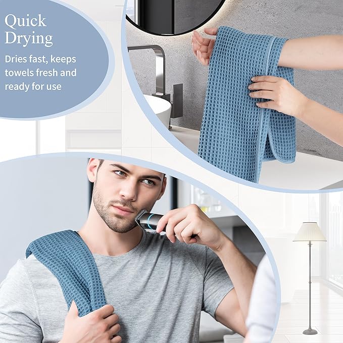 Microfiber Waffle Hand Towels, 4 Pieces, Soft, Absorbent, Fast Drying, Lint Free (Blue)