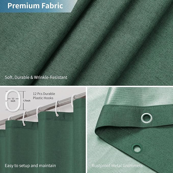2-in-1 Waterproof Fabric Shower Curtain or Liner,Linen Textured,Breathable TPU & Washable Bathroom Shower Curtain Set with 12 Plastic Hooks,Modern,72"x72" Emeraldgreen