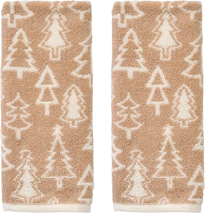 SKL Home Christmas/Winter Mod Tree 100% Cotton Premium 2-Piece Hand Towel Set, 450 GSM, Reversible Jacquard, Soft & Absorbent, Decorative for Bath/Kitchen/Bar, Tan