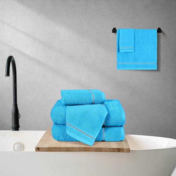 MyOwn Ultra Soft 6 Pack Cotton Towel Set, Contains 2 Bath Towels 28x55 inch, 2 Hand Towels 16x24 inch & 2 Wash Coths 12x12 inch, Ideal Everyday use, Compact & Lightweight - Turquoise Blue