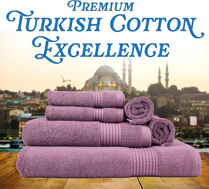 EastNBlue Lara Premium Bath Towel Set 6 Piece - Soft & Highly Absorbent Bathroom Towel Set, 100% Luxury Turkish Cotton, Flannel Bath Towels, 1 Bath Towel, 1 Hand Towel, 4 Washcloths - Damson