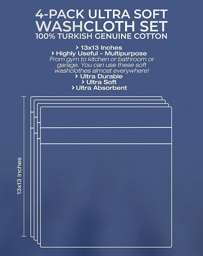 American Veteran Towel, 100% Cotton Turkish Washcloths for Bathroom Essentials 4 Pack, Soft Absorbent Wash Cloths Quick Drying Small Towels Washrags, Sky Blue