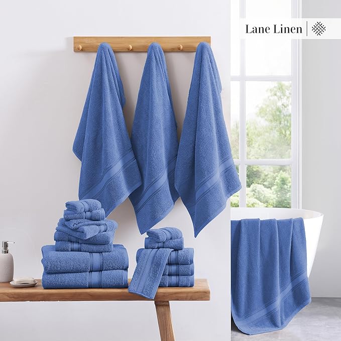 LANE LINEN Bathroom Towels Set of 18 – Zero Twist, 100% Mercerized Cotton, 6 Bath, 6 Handtowel & 6 Washcloths, Luxury Hotel Design, Perfect for Salon & Guests, Machine Washable – Cerulean Blue