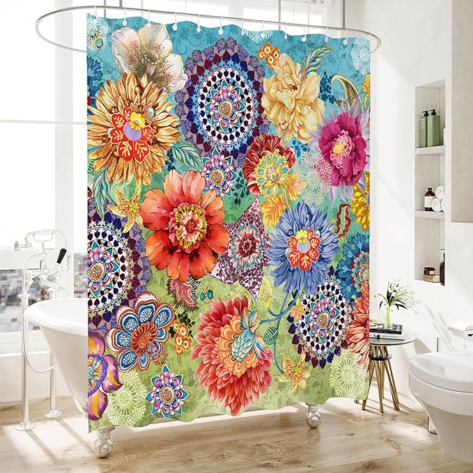 Bohemian Shower Curtain, Boho Floral Print Water Repellent Polyester Fabric for Bathroom Decor, 72×72 Inch Standard Size with 12 Hooks, Also as Room Divider