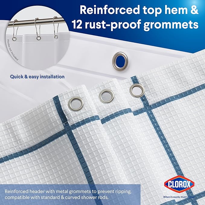 CLOROX Bathroom Waffle Windowpane Pattern Shower Curtain with Waterproof Lightweight PEVA Liner Set, Standard Size, Metal Grommets, No Hooks 72" x 72" - 2 Pc Set - Navy Blue w Frosty PEVA