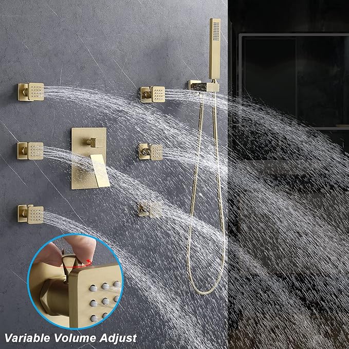 Enga Body Jets Shower System with On-Off Switch, 16 Inch Ceiling Rain Shower Head with Jets Shower Faucet Fixture Complete Set Brushed Gold