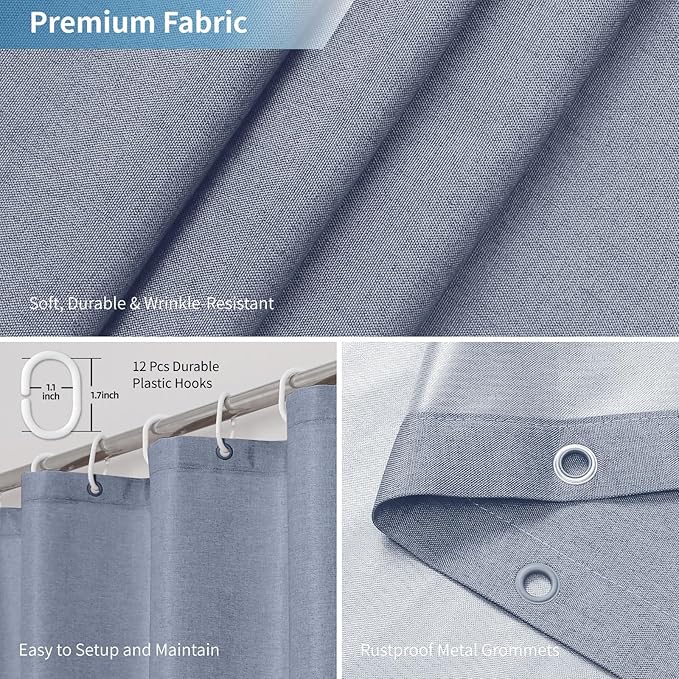 2-in-1 Waterproof Extra Long Fabric Shower Curtain or Liner,Linen Textured,84 Inch Breathable TPU & Washable Bathroom Shower Curtain Set with 12 Plastic Hooks,Modern,72"x84" Blue Gray