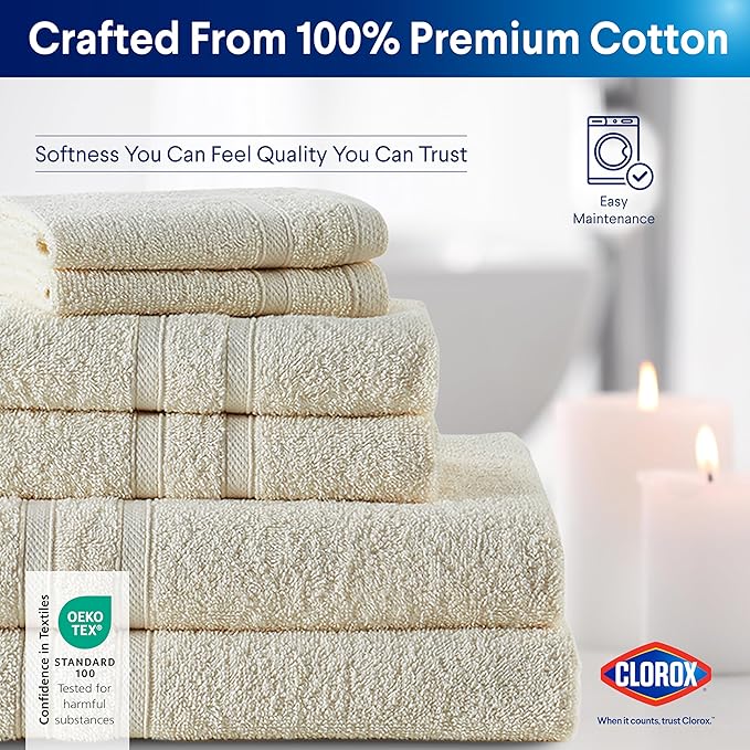 CLOROX Bleach Friendly Towels, Quick Dry, 100% Cotton Hand Towels (16" x 26"), Highly Absorbent Soft Lightweight, Ideal for Everyday Use, Easy to Wash (2 Pack, Ivory)
