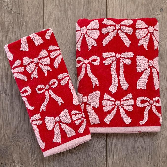 SKL Home Bow Jacquard 100% Cotton Premium Bath Towel, 500 GSM, Reversible, Soft & Absorbent, Decorative/Everyday Christmas/Winter/Valentine's Day, Red/Pink