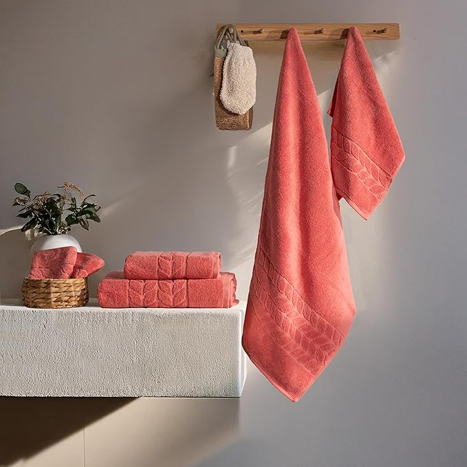 BAGNO MILANO Organic Turkish Cotton Bath Towels, Luxury Jacquard Collection, Certified Organic Highly Absorbent, Soft-Plush Towel Set (Coral Red, 4 Pcs Hand Towel Set)