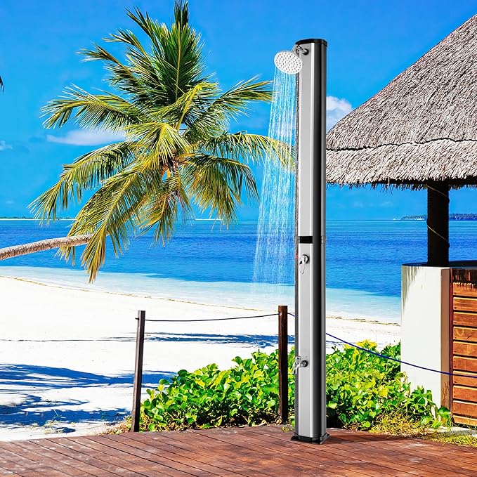 Giantex 7.2 FT 10 Gallon 2-Section Solar-Heated Outdoor Shower, Pool Shower W/Free-Rotating Shower Head, Foot Tap Spigot, Faucet, Temperature and Pressure Adjustment for Backyard, Garden, Beach Spa