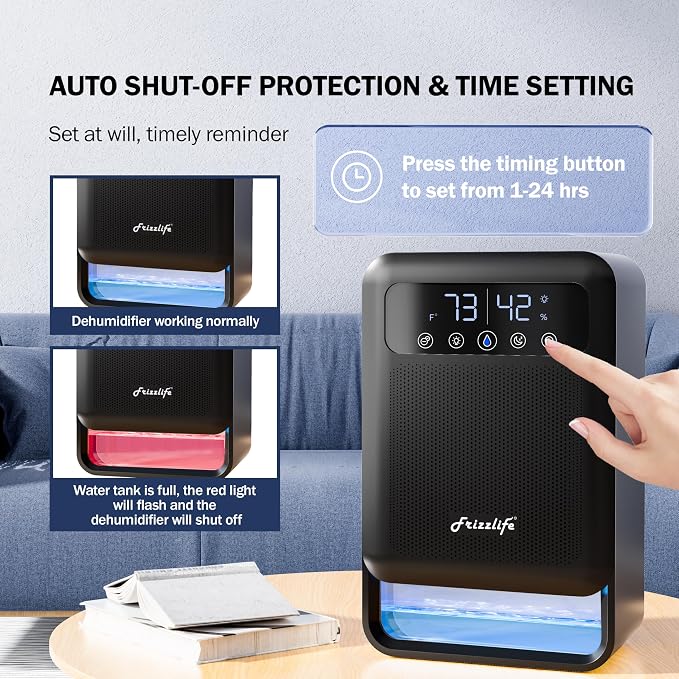 Frizzlife Air Dehumidifier, 135oz Water Tank W/Purifying Function, Quiet Small - Image 6